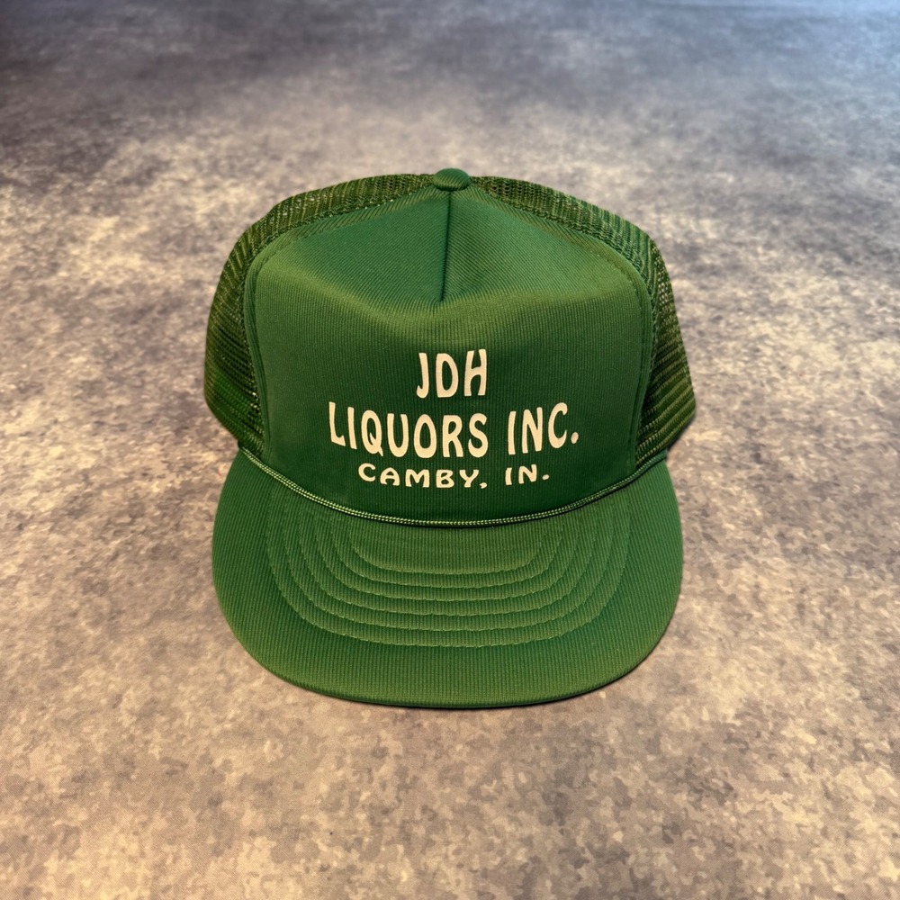 VTG JDH Liquors Camby IN Trucker Hat Snapback Green Mesh Rope Cap Alcohol Bar 80